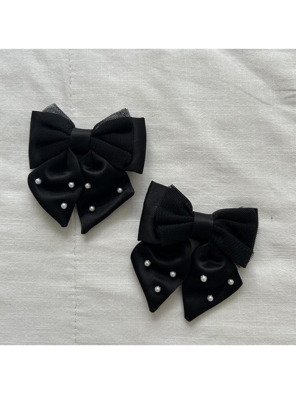 Black Satin Bow Hair Clip Set Pearl Tulle Jirai Kei Japan